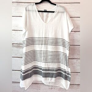 Kona Sol White Stripe Slub Cotton Longline Oversized Nautical Tunic Top Medium
